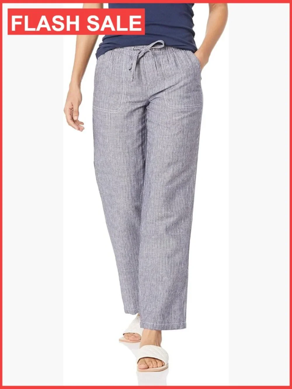Women's Linen Blend Pull On Wide Leg Pant Relaxed Fit Drawstring Waist